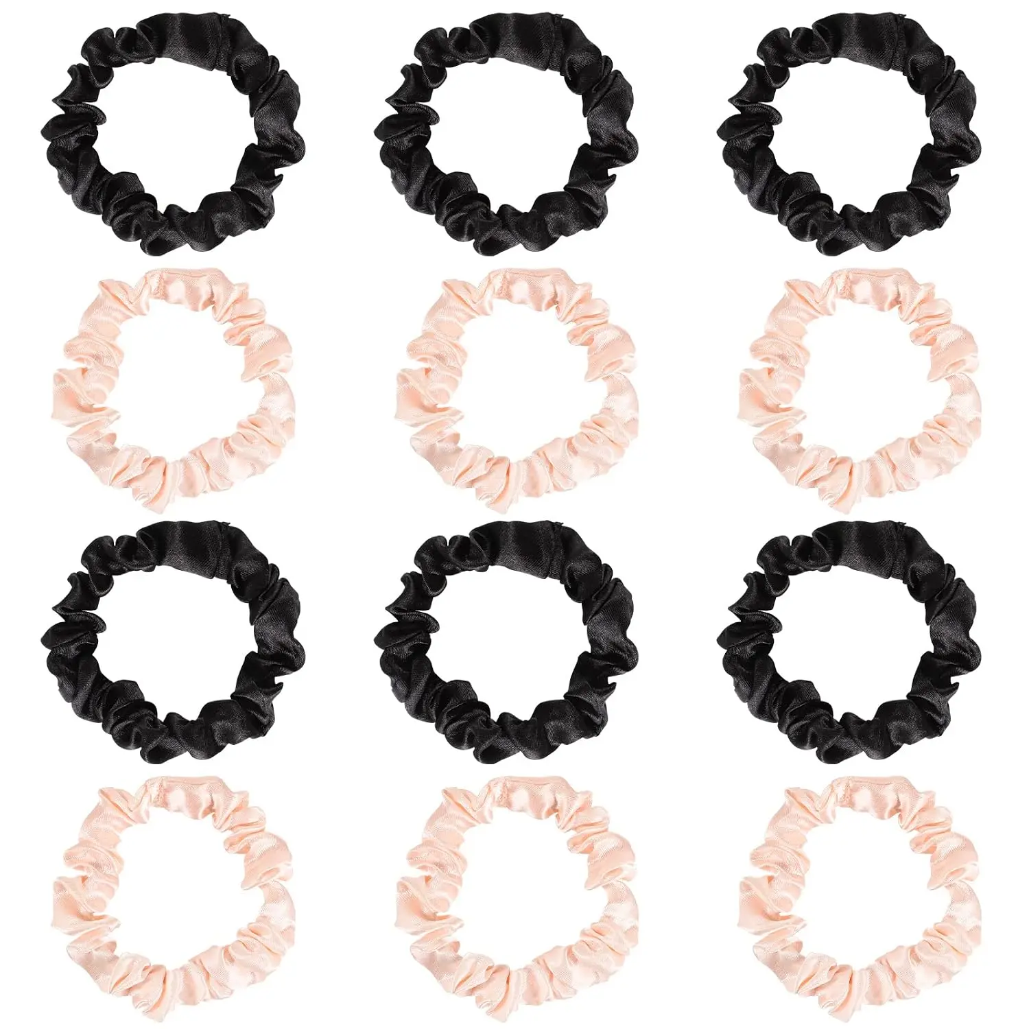 12 count Satin Scrunchies For Women Girls, Silk Hair Ties | Soft Satin Fabric, Gentle Hold, Stretch Elastic Band, 6 Blush + 6 Black, For Daily Wear, Sleep, Parties, Gifting