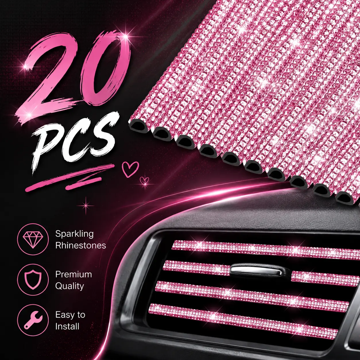 20Pcs Pink Rhinestone Car Air Vent Trim, Bling Crystal Car Interior Decor Strips for Women Girls, Sparkly Car Vent Outlet Accessories, Universal Car Dashboard Decoration for Cars, SUVs and Trucks