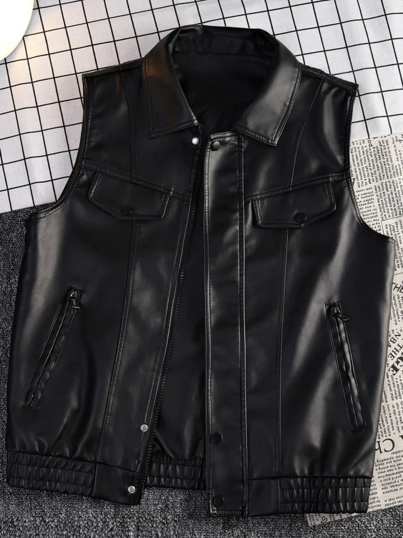 Men's Lapel PU Leather Windproof Vest, Zipper Design, Durable Wrinkle-Resistant Sleeveless Jacket, Outdoor Cycling Camping Commute Sport Top, //