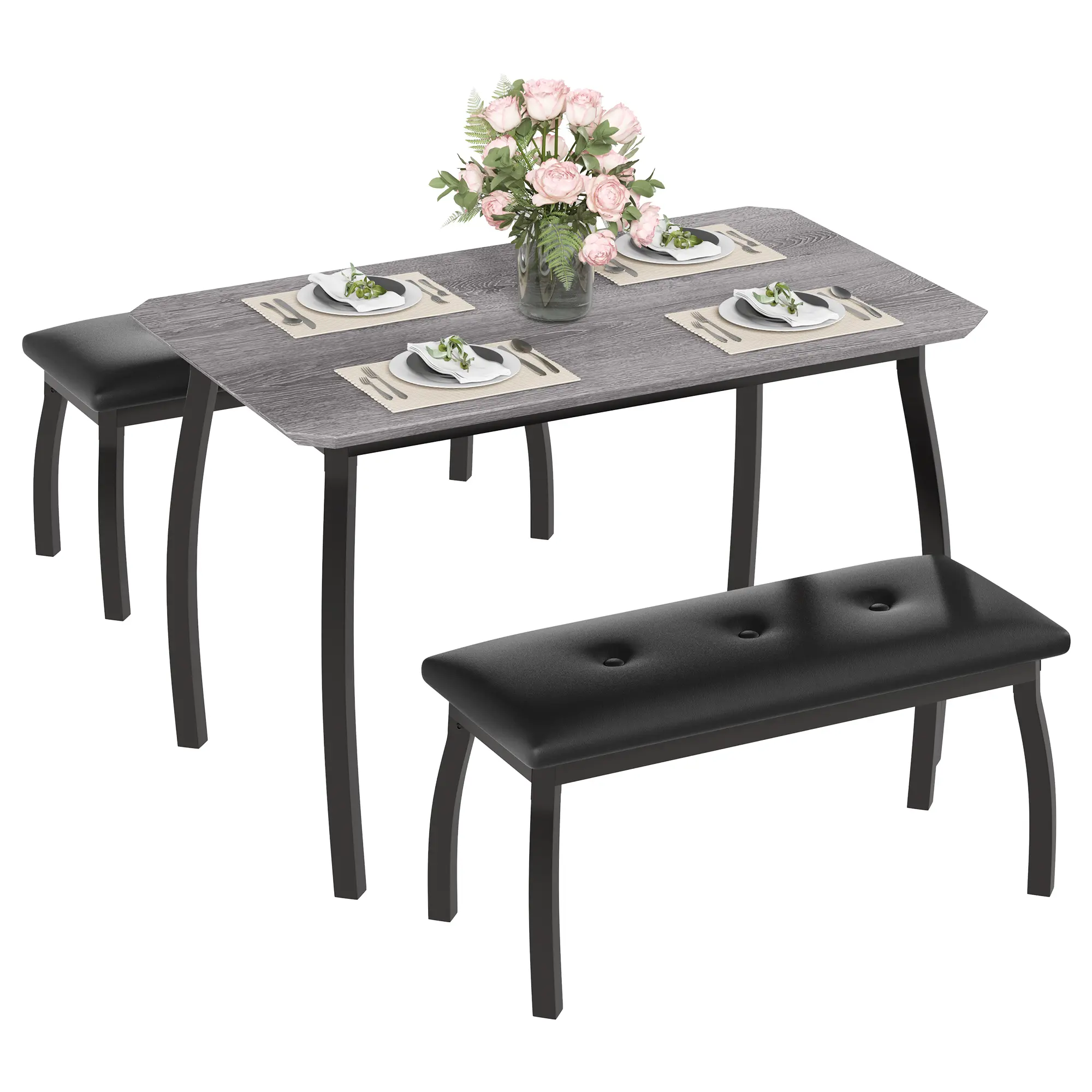 3-Piece Industrial Dining Set, MDF Table with Padded Benches, Space-Saving Design, Available in Vintage Brown, Gray, and Black