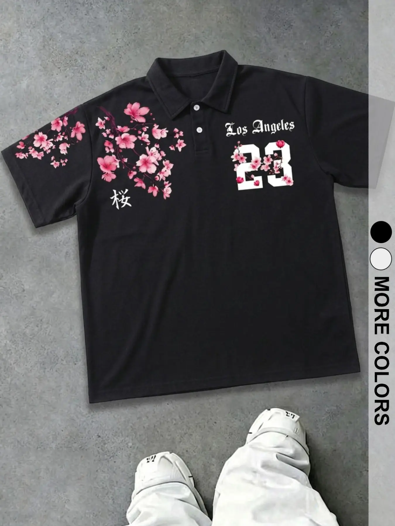 American Men's Polo Shirt, Cherry Blossom Letter Pattern, Floral, Street Style, Daily Wear, All Seasons, Breathable Cotton, Loose Fit