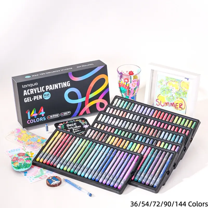 Languo Acrylic Gel Pens, 36/54/72/90/144 Colors, 1.0mm Bullet Tip Acrylic Paint Pens, High Opacity, Smooth Ink Flow for Black Paper, Coloring, Drawing and Journaling, Art Drawing Supplies