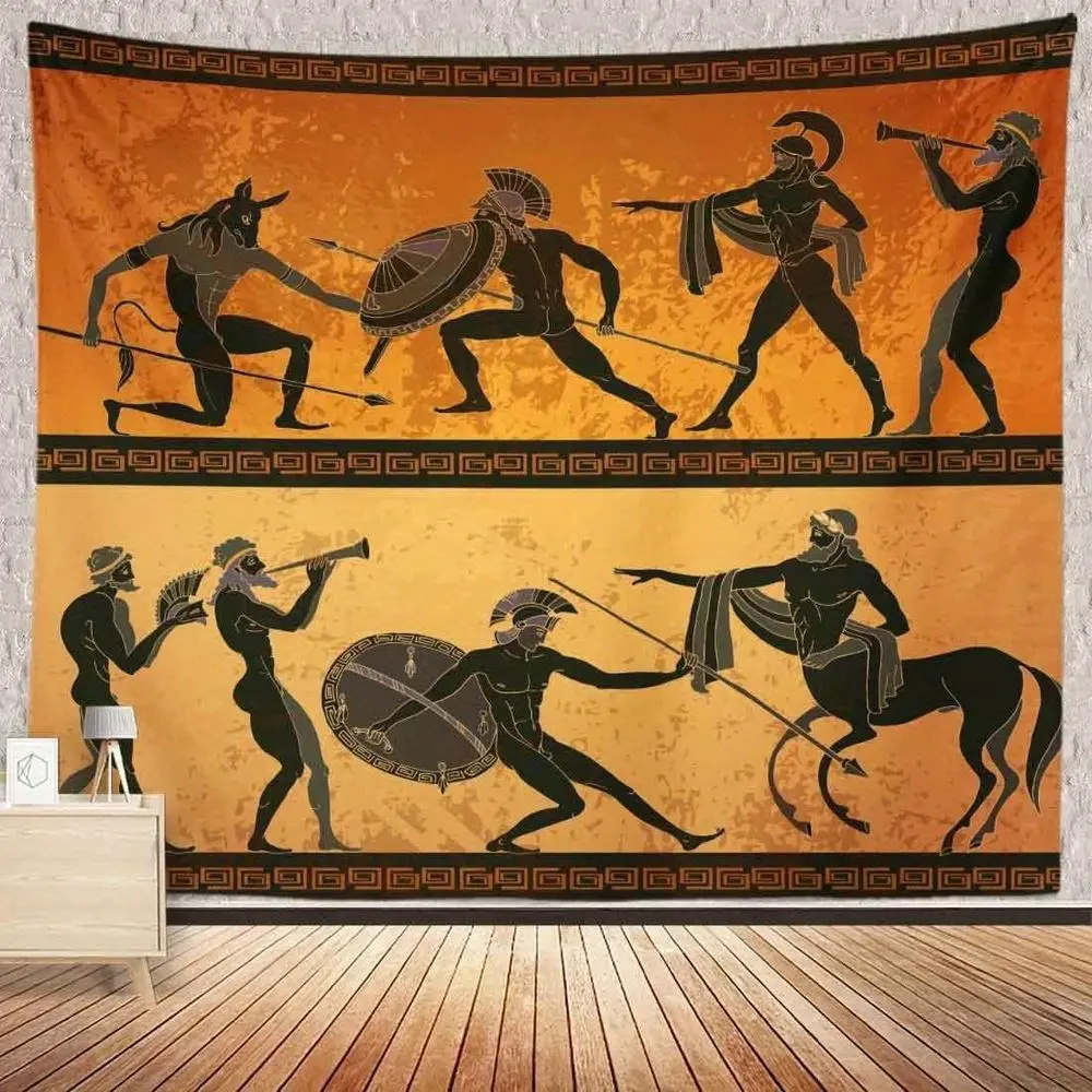 Ancient Greece Warrior Tapestry, Minotaur Hunting Centaur Black Figure Pottery Classical Greek Style Gods Wall Hangings Tapestry for Bedroom Living Room Office Dorm Man Cave Background