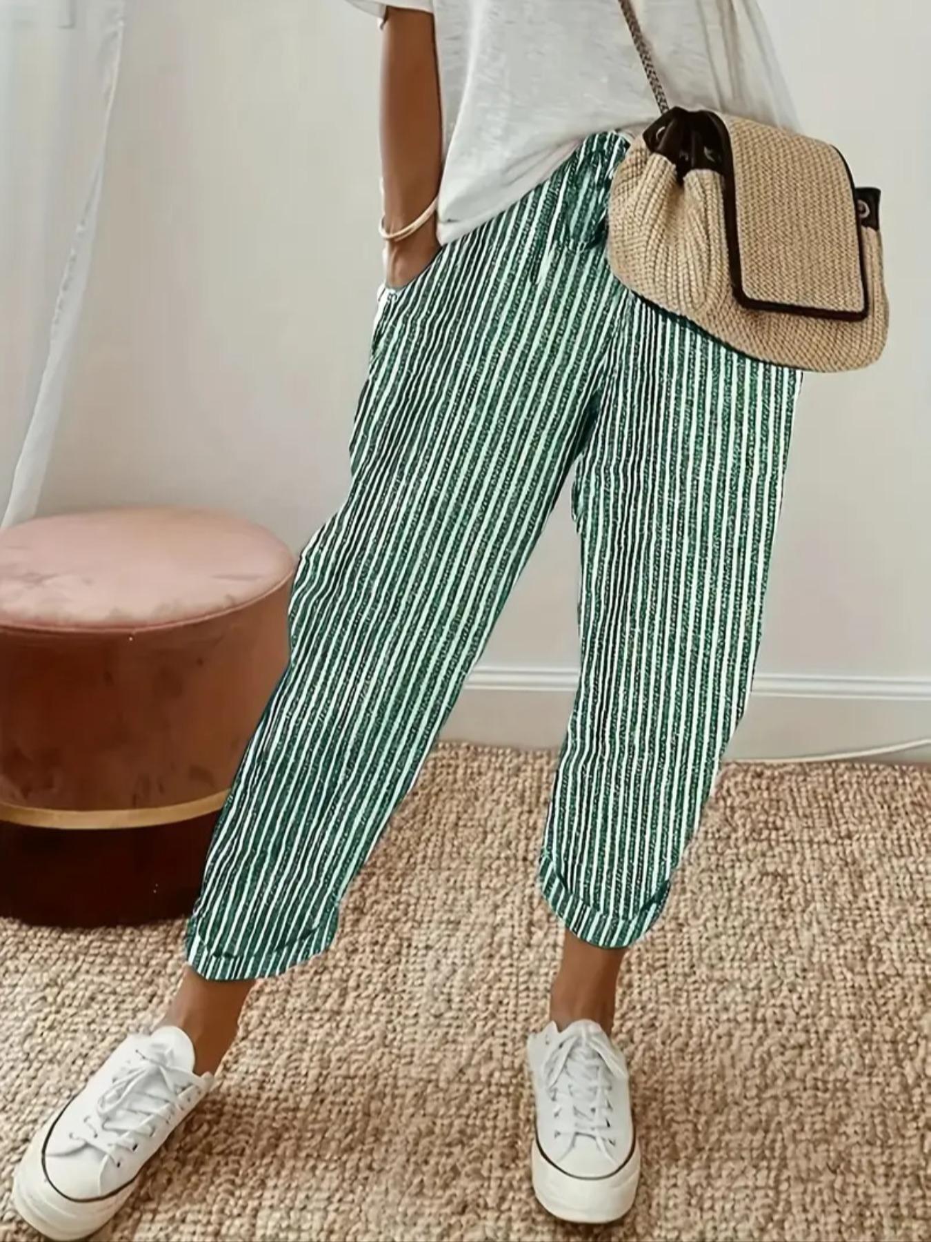 Women's Striped Print Pocket Elastic Waist Pants, Casual Comfy Trousers for Daily Wear, Ladies Bottoms for All Seasons, Womenswear