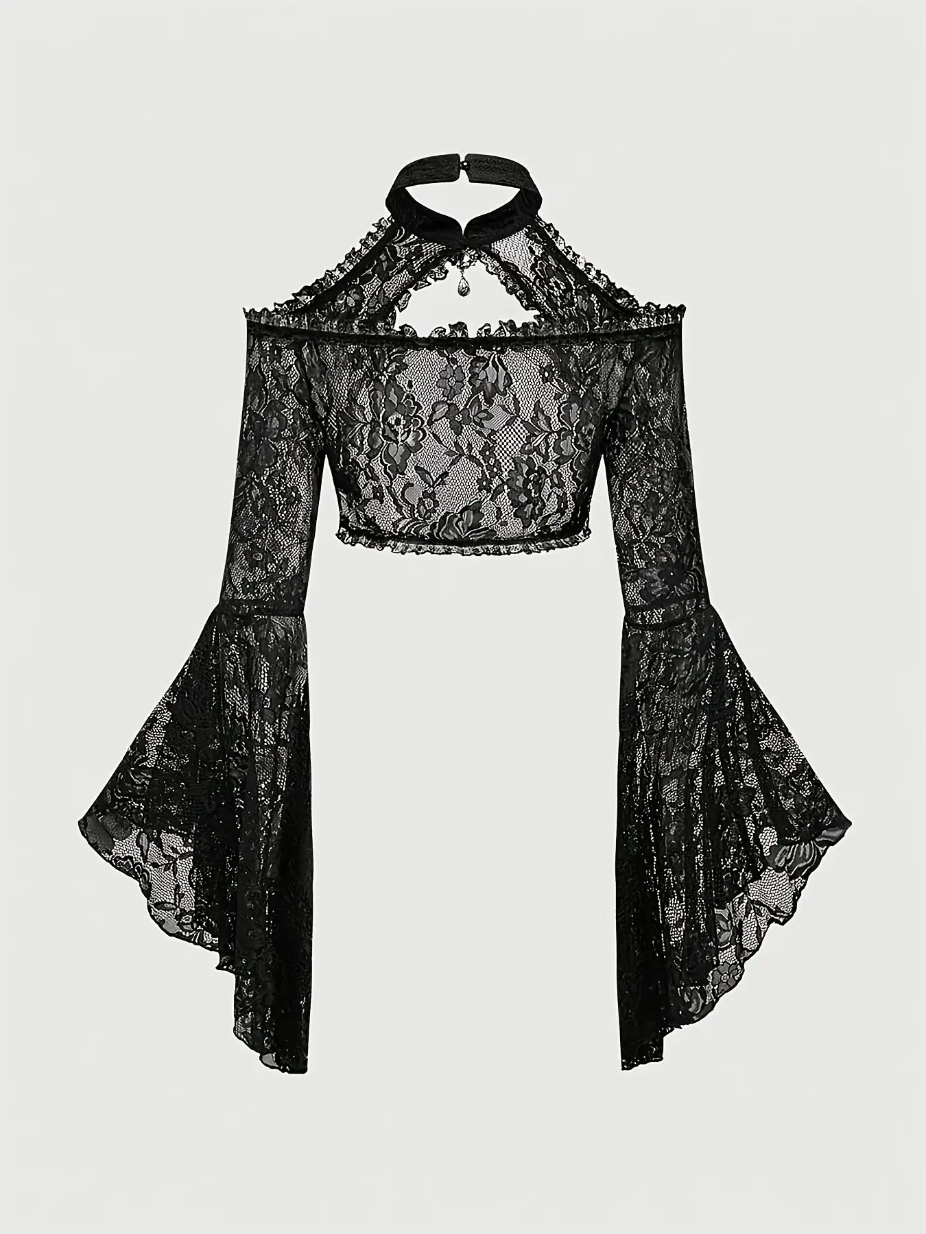 Sexy Gothic Court Style Vintage Bell Sleeve Bolero, Sheer Short Lace Shoulder Top, Perfect for Halloween Party, Vampire Cosplay, Dark Photo Shoots