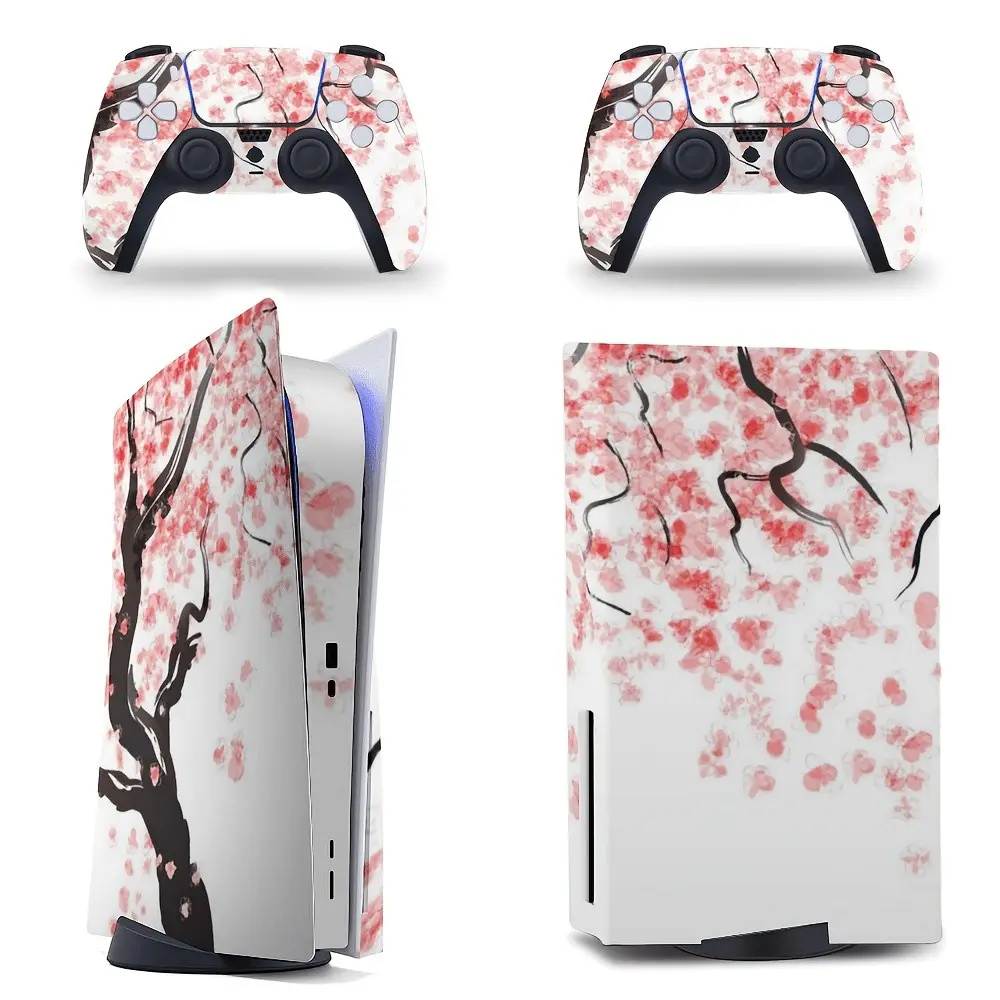 Cherry Blossom Sakura Vinyl Skin Sticker Compatible with PS5 (Disc/Digital), PS5 Slim, PS5 Pro Console and 2 Controllers, Full Cover Decal Wrap, Gift for Gamers