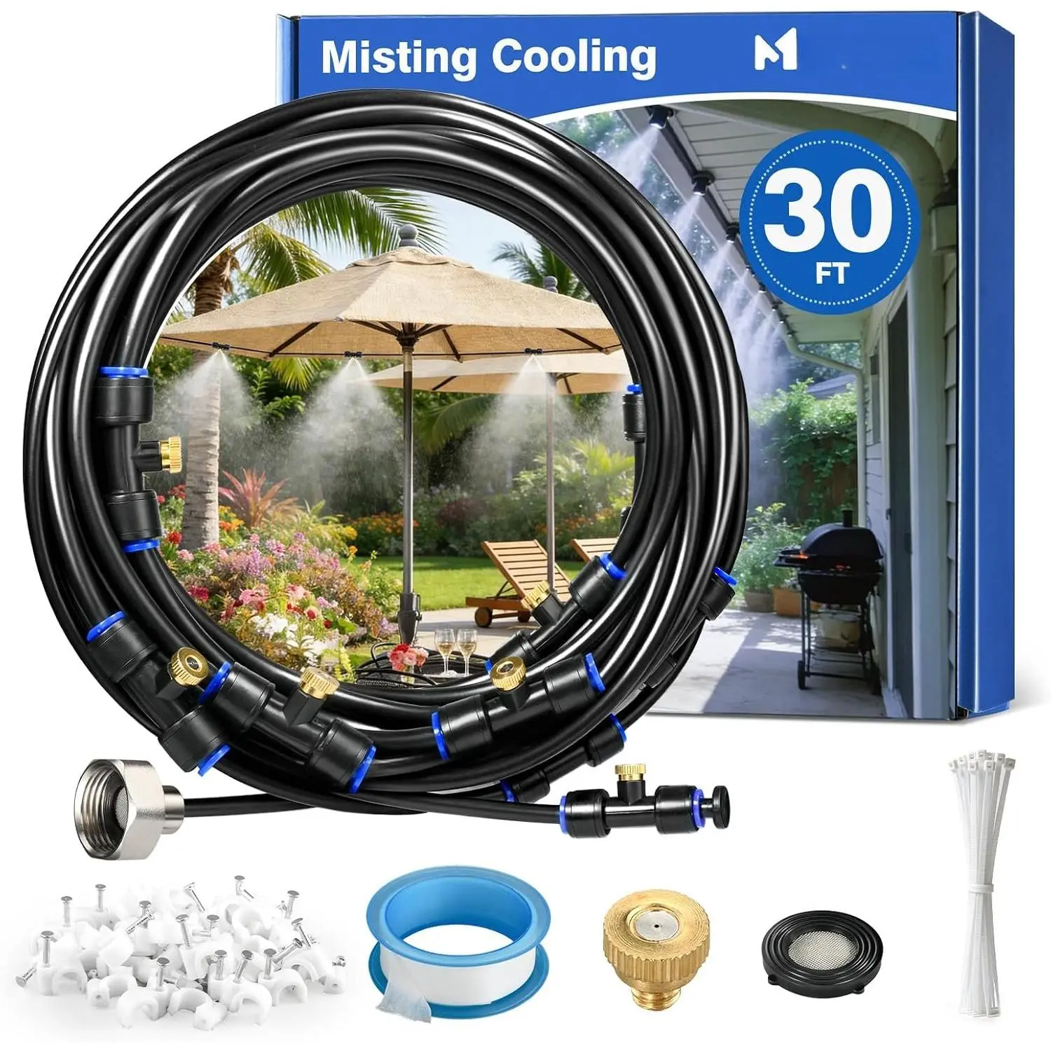 Misters for Outside Patio 30FT/9M, Pre-Assembled Misting Cooling System with 8 Brass Nozzles & 3/4" Adapter, Outdoor Mister for Backyard, Garden, Greenhouse, Chicken Coop,  House