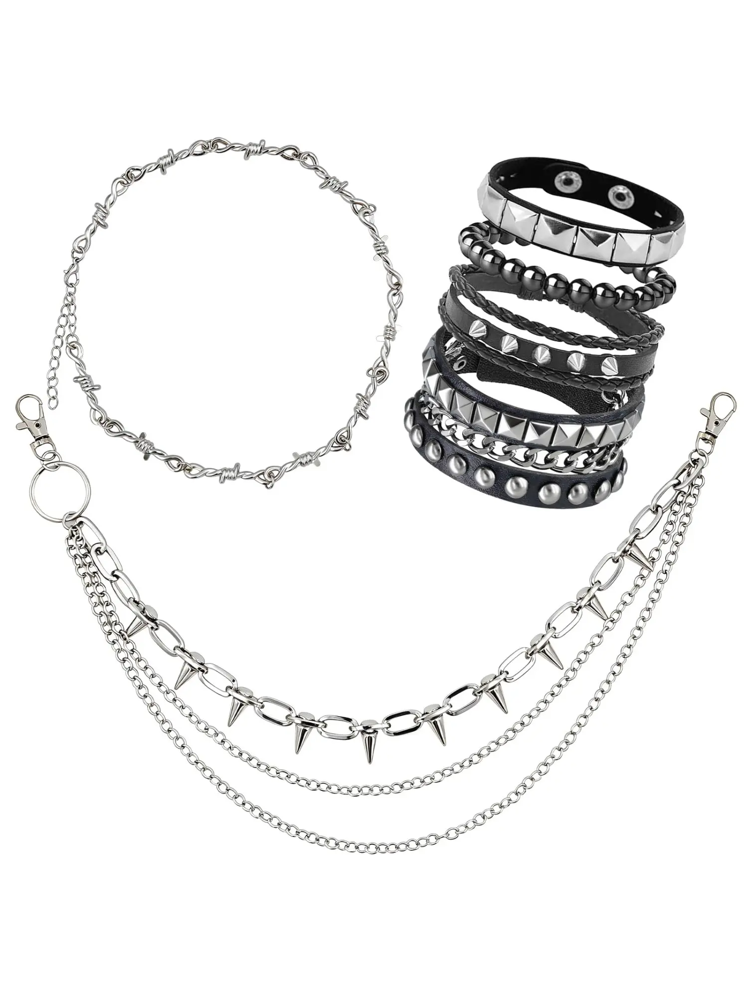Punk Gothic Accessory Set, Thorny Wire Necklace, 4 Rivet Leather Bracelets, Multi-Layer Spike Belt Chain, Unisex Retro Rock Jewelry, Necklace And Bracelet Set