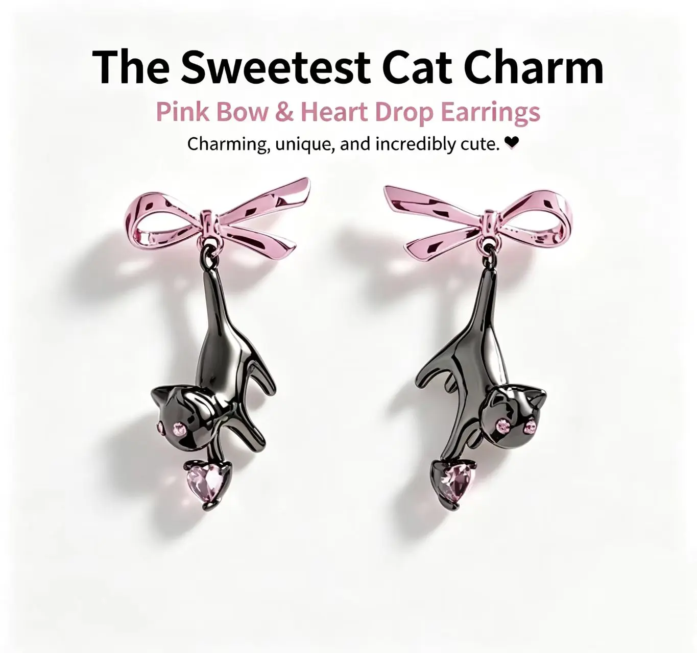 Cute Black Cat Bow Earrings with Pink Crystal - Sweet Animal Studs, Light Luxury Ear Accessories for, Bestie., Drop Earrings, Whimsical Earrings