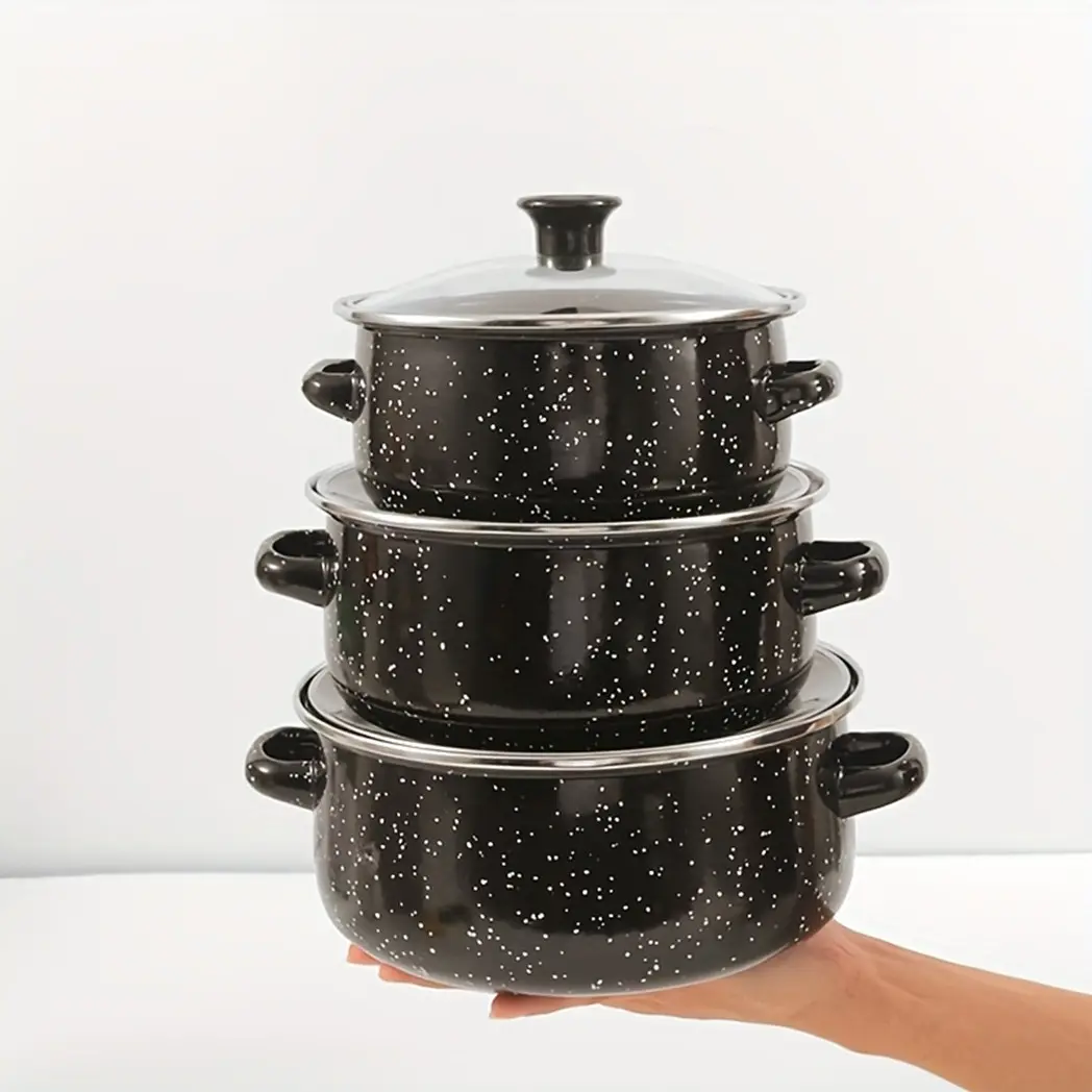3-Piece Enamel Pot Set, Soup Pot, Stew Pot, Compatible with Gas Stove, Open Flame, Electric Cooker, Non-Bone China, Stockpot