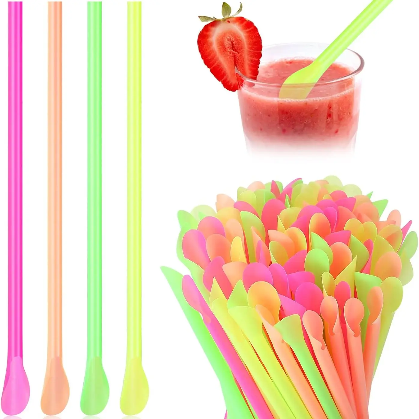 200 Pcs Slushie Straws, Bulk Pack Neon-Colored Spoon-Shaped Straws, Colorful Plastic Spoon-Shaped Straws, for Beverages, Bar Parties, Weddings, Kitchen Use, Cocktail Accessories, Drinking Straws, Colorful Long Milkshake Straws, Tableware Accessories.
