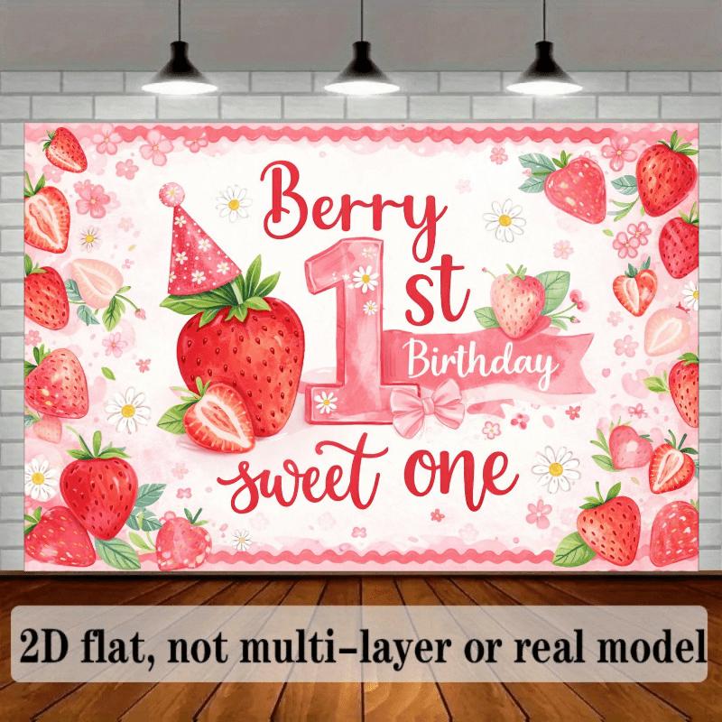 2D Flat Strawberry-Themed 1St Birthday Party Backdrop, Featuring a Pink Number "1" in The Center with Red "Berry 1St Birthday" Artistic Font, Surrounded by Whole And Sliced Strawberries, Green Leaves, White Dai