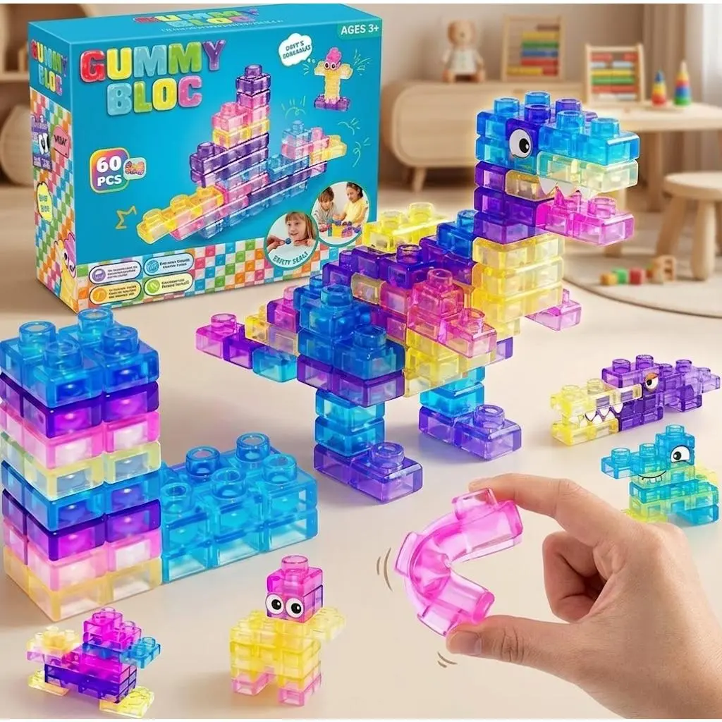 Gummy Bloc Building Block Set - 100% Safe & Ultra-Soft Colorful Stacking Blocks, Flexible Sensory Stress Relief Toys for Boys/Girls Ages 3+ to Boost Creativity