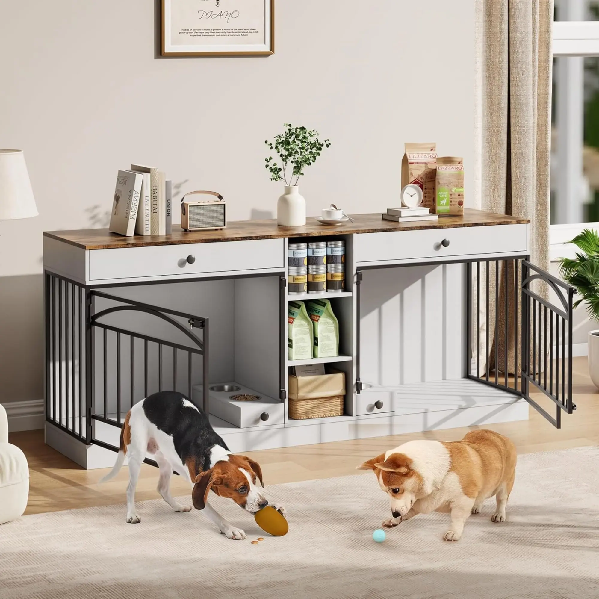 Modern Dog Crate Furniture Wooden Pet Kennel with Wire Panels Heavy Duty Dog House Cage End Table Side Table Media Console for Living Room Bedroom Indoor Luxury Dog Bed Crate Table for Small Medium Large Dogs Accent Decorative Cabinet