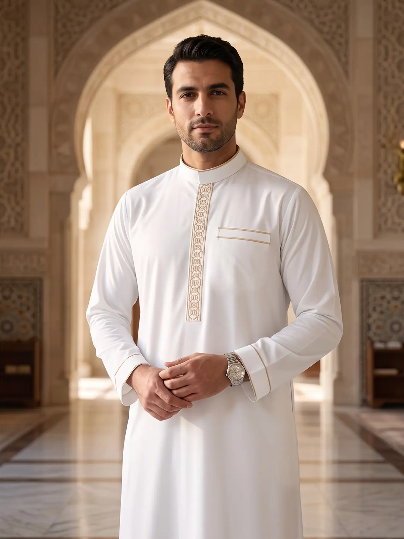 Men's Islamic Traditional Long Robe, Stand Collar, Embroidered, Loose Fit, 3/4 Sleeve, Wedding, All Seasons, Gift Idea