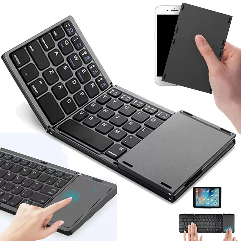 Rechargeable Foldable Compact Wireless Pocket Bluetooth Keyboard Mouse with Gesture Control, Compatible with iPad, iPhone, Tablets, Samsung Phones for Travel