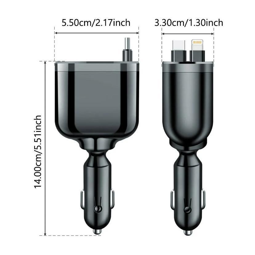 Compact Car Charger with Two Extendable Cables, Easy-to-Use Design for Apple and Android Phones, Multifunctional Portable Charging Solution