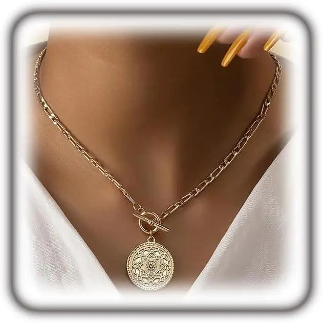 Trendy Gold Large Medallion Pendant Necklace for Women Punk Silver Toggle Clasp Chain Choker Necklace Birthday Anniversary Jewelry Gift