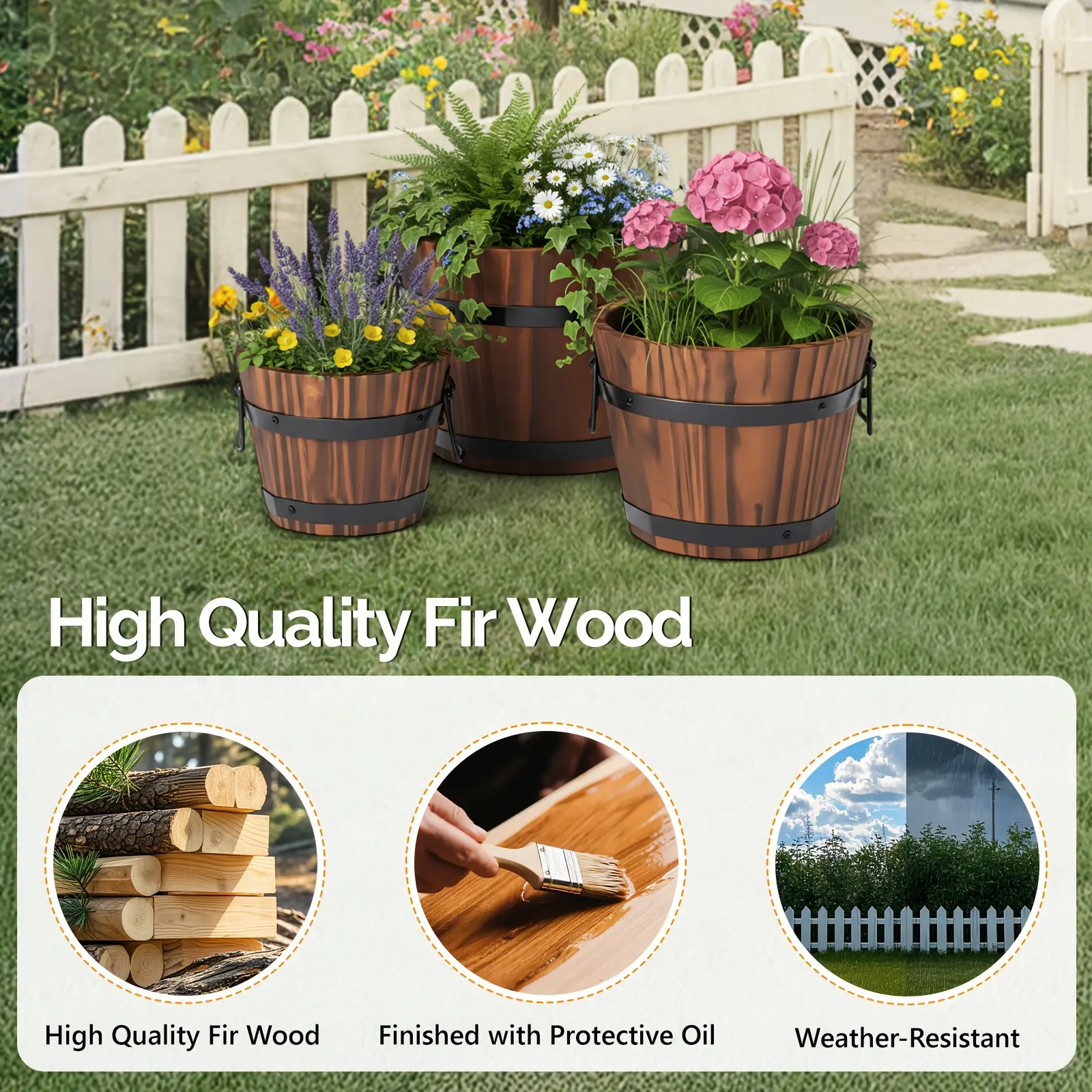 6pcs Includes Wooden Whiskey Barrel Pots and Gardening Tools, A Rustic Style Barrel Pot Set Suitable for Indoor, Outdoor, Garden, and Yard Plant Containers, Living Rooms, Dining Tables, Offices, or Home Decor
