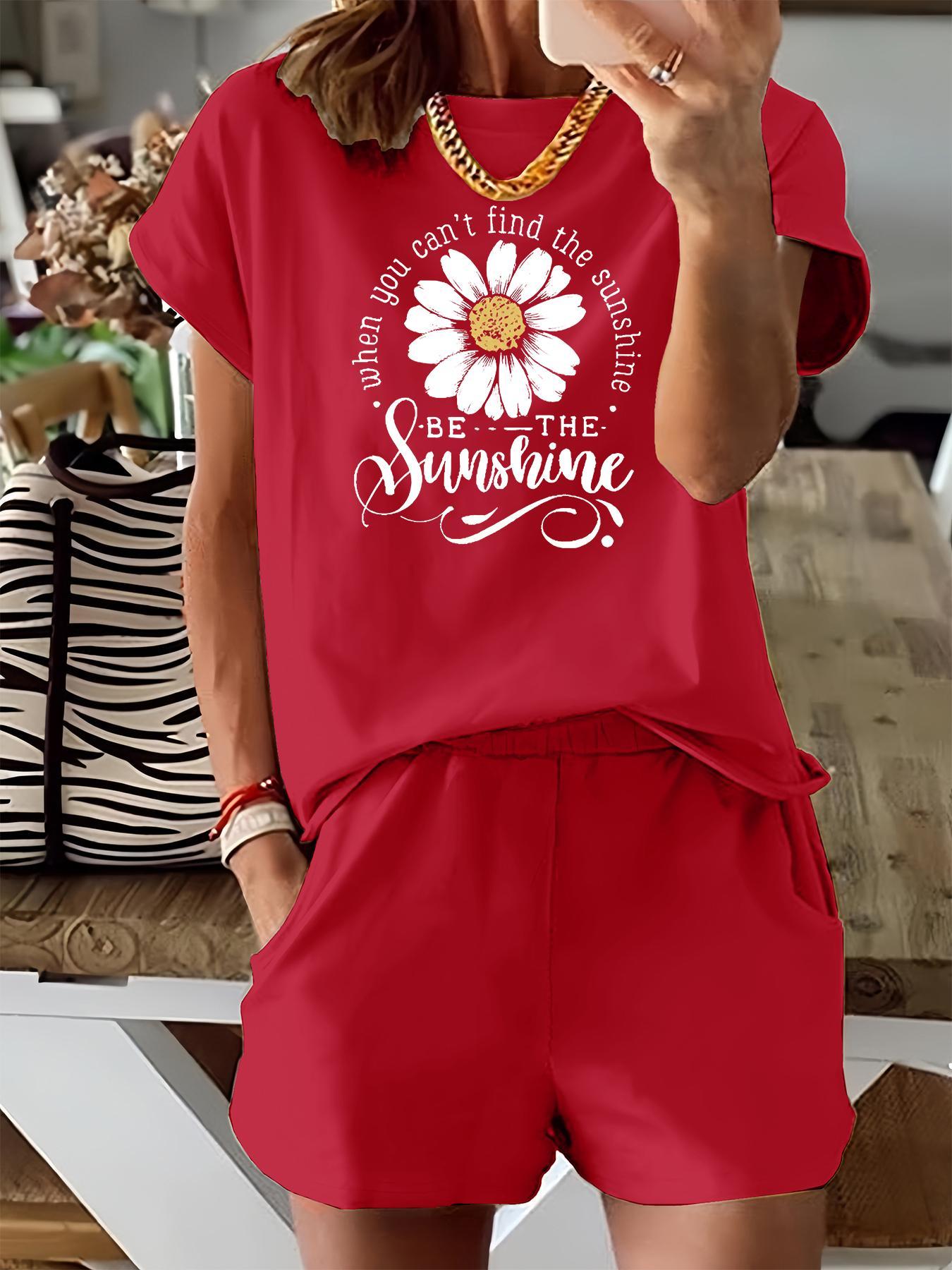 Women's Floral & Letter Print Two-piece Set, Casual Fitted Short Sleeve Tee & Elastic Waist Shorts Set, Ladies Summer Outfits for Daily Wear