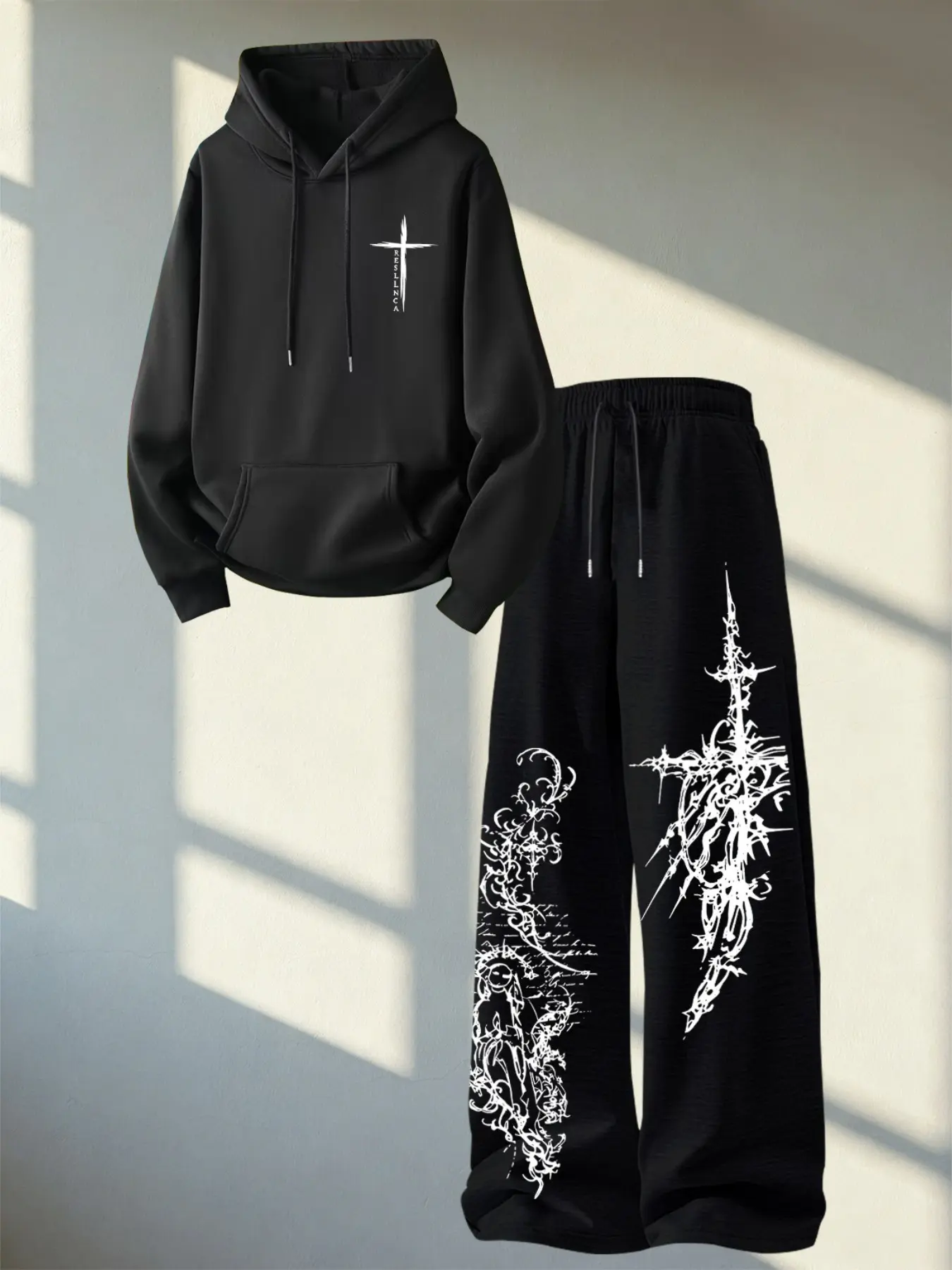 Lightweight Hooded Jacket and Pants Set, Gothic Print, Casual Sporty Style, Pockets, Spring & Fall Wear, Loose-Fitting