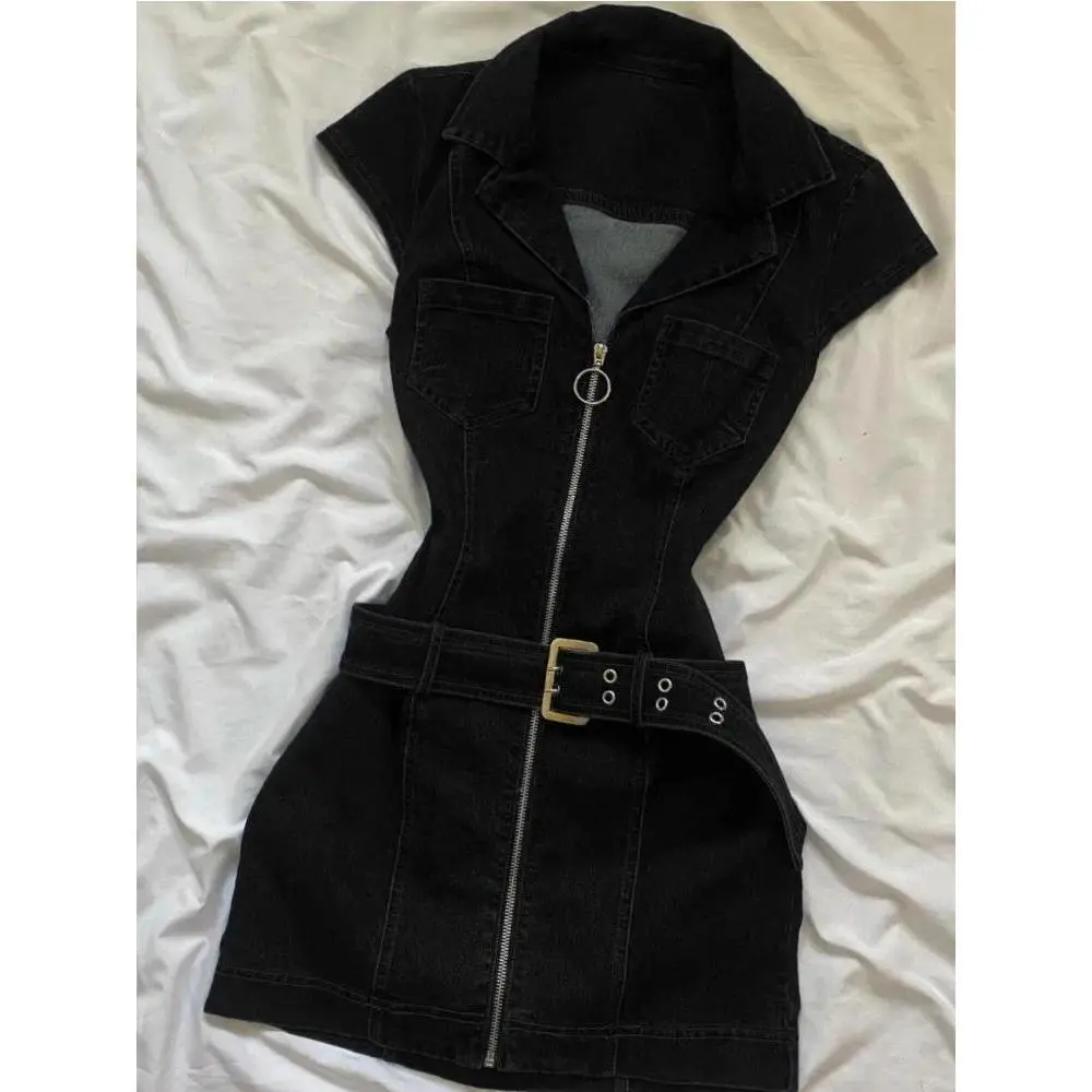 American Retro Black Denim Short Dress Women Summer Zipper Elegant Slim One Piece Dress Korean Fashion Design Casual Clothing