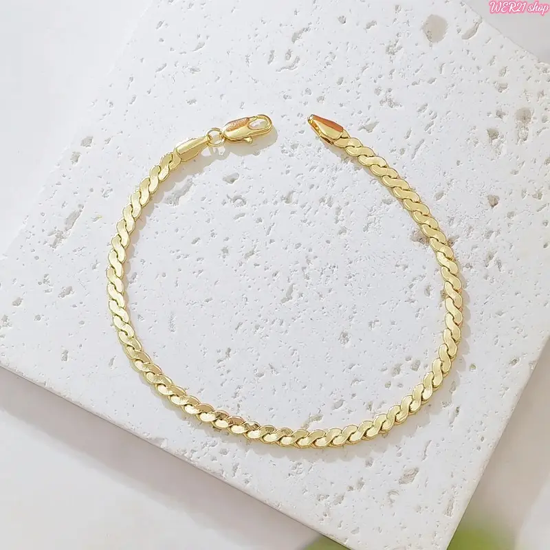 [WER21]18K Gold Plated Cuban Link Bracelet for Men Women, Flat Curb Chain Dainty Gold Wrist Bracelet, Waterproof Trendy Fashion Jewelry Gift