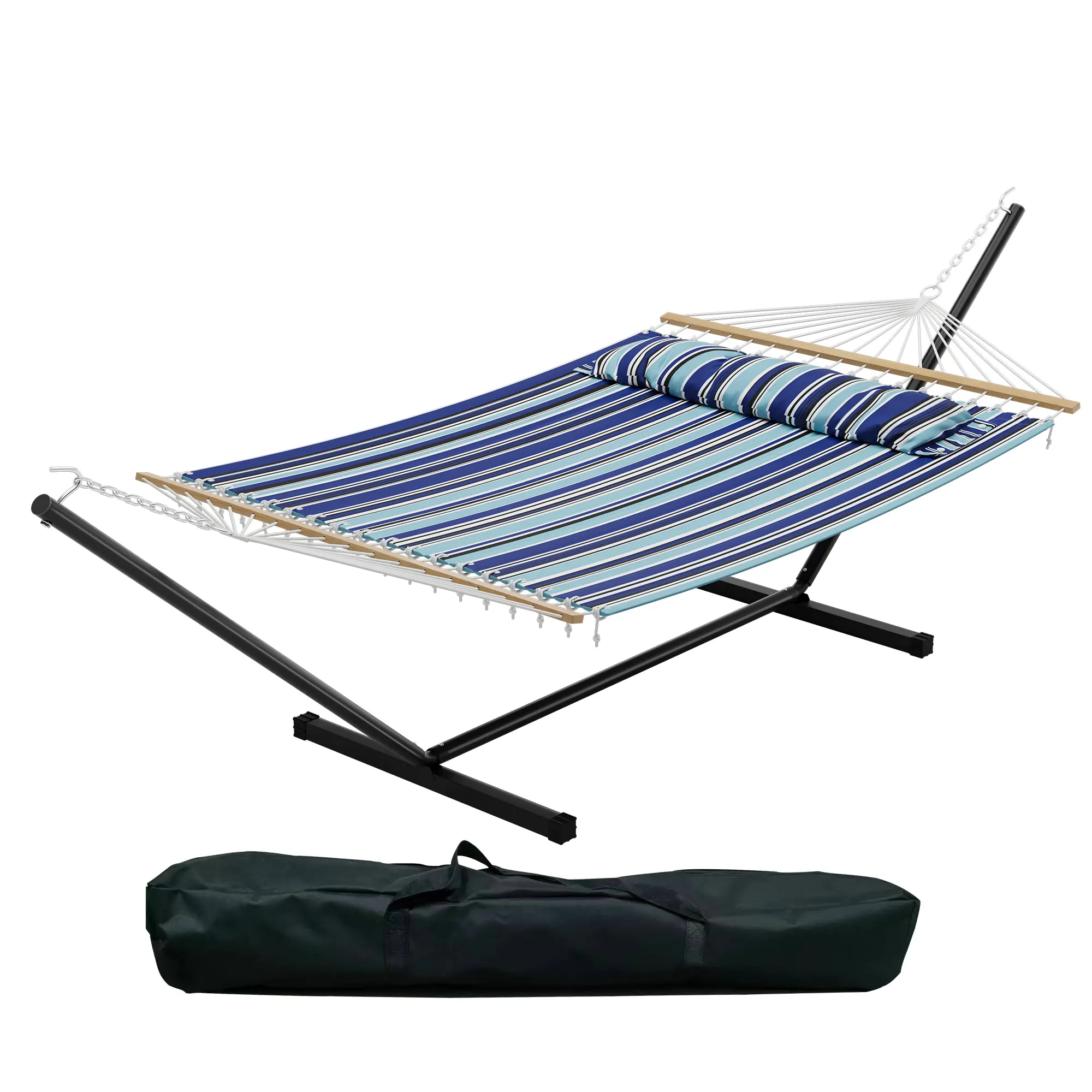Heavy Duty Double Hammock with Stand - Quilted 2 Person Portable Outdoor Hammock - 475 lbs Capacity - For Patio, Garden, Camping, Backyard, Indoor - Dark Gray/Blue/Light Gray