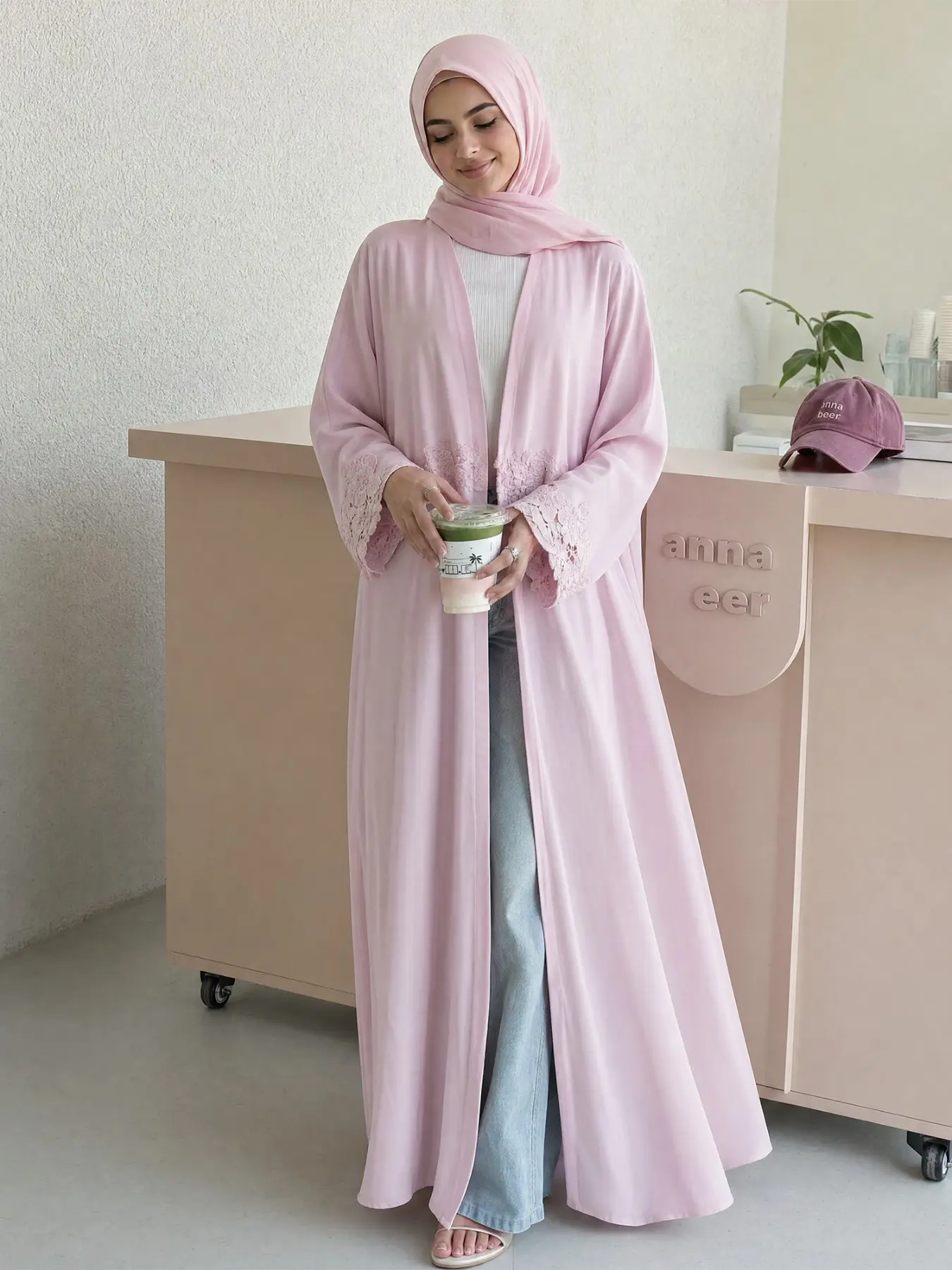 New Muslim Women's Multi-Color 3D Flower Lace Cardigan Abaya, Simple Loose Long Outerwear, Daily Casual Maxi Dress for Spring & Fall