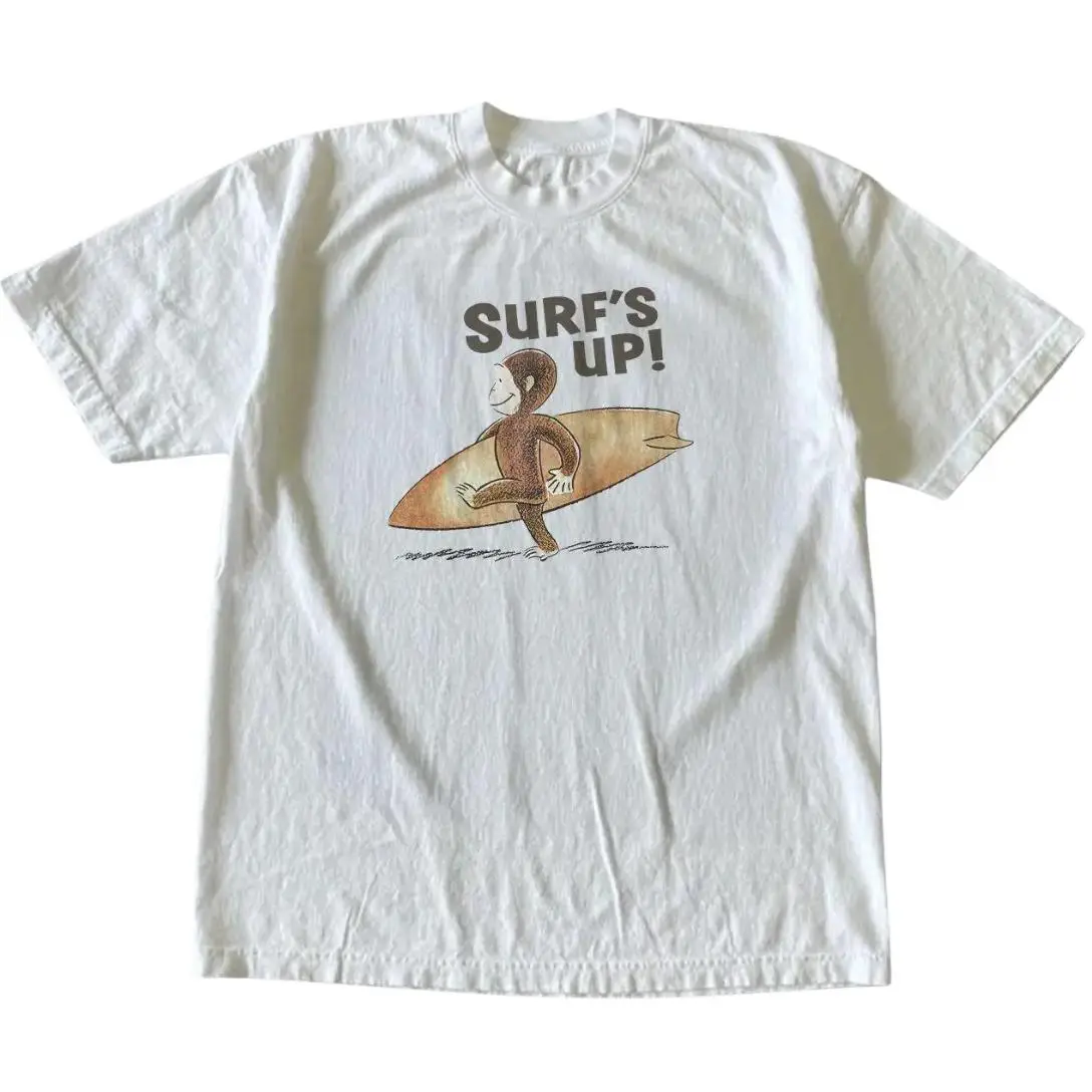 Curious George Surfs Up T-Shirt, Animal Tee, Cartoon Tshirt, Gifts Shirt, Unisex Vintage Graphic Tees Gothic Grunge Y2k Emo Scene Amity Affliction Style Clothes Men Women Streetwear Summer