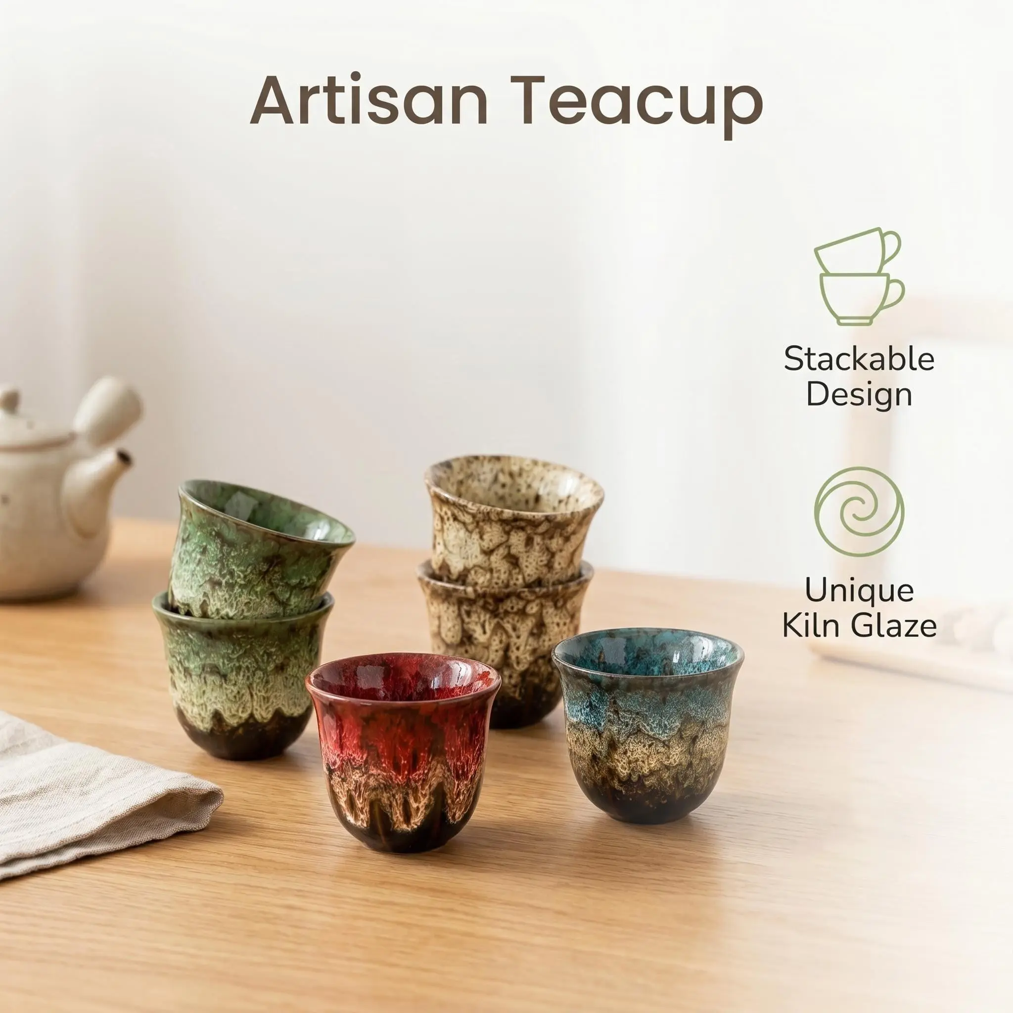 2-Piece Set Kiln Fired Glaze Stackable Ceramic Tea Cups, 110ML Handmade Stripes Design, Unique Teacups for Tea Lovers & Collectors Drinkware