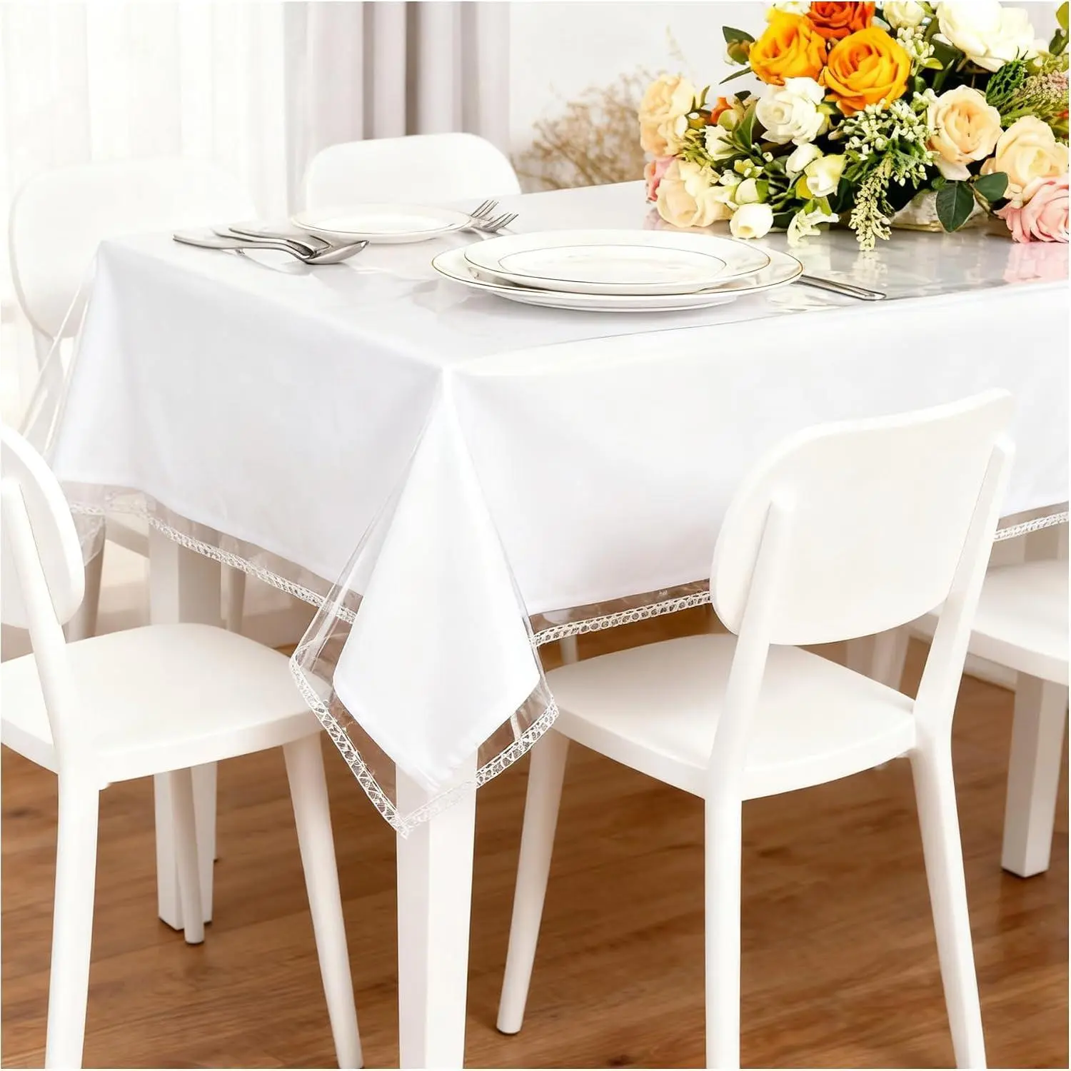 Clear Plastic Table Cover Protector   Tablecloth Vinyl Rectangle Table Cloth Protector  Clear Plastic Tablecloth Cover for Dining Tables Parties Camping 55" x 70" ,4-6 Seats