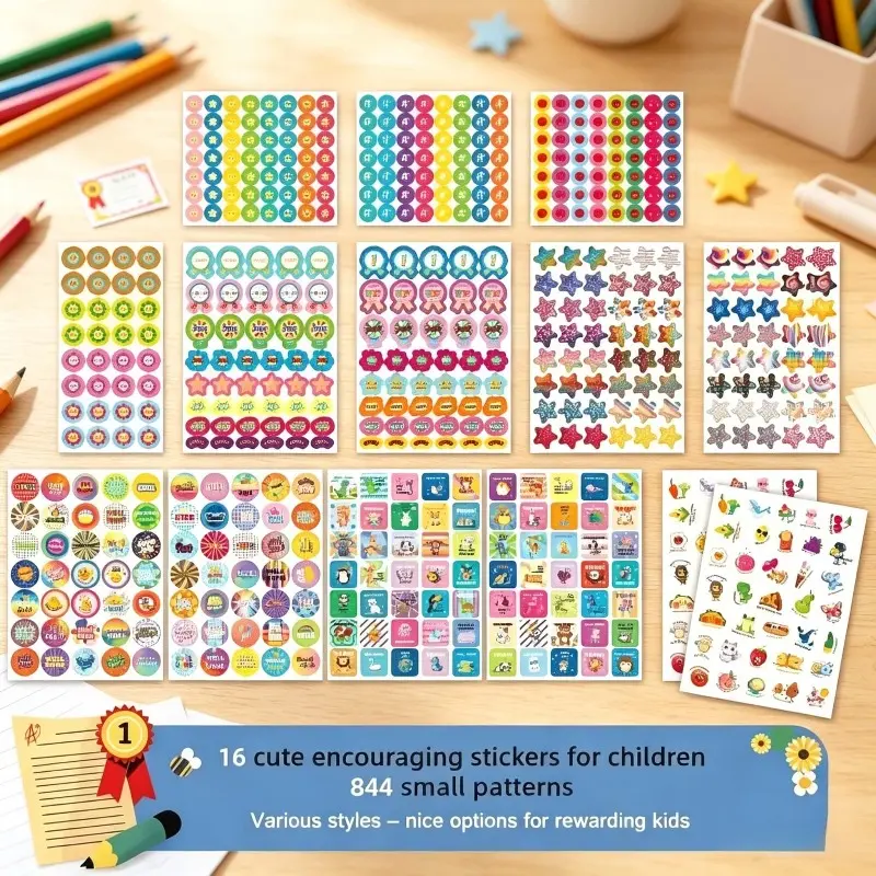 844 Pcs Cartoon Kids Reward Stickers, 16 Sheets Large Pack, Incentive Stickers for Kindergarten & Primary Classroom Points, Habit Tracking Stickers for Teachers & Parents at Home, Praise Stickers for Chore Performance Encouragement