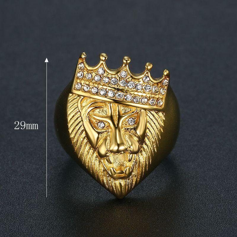 [FLAME] Hip Hop Crown Lion Head Ring Gold Plated Stainless Steel Bling Diamond Inlay Men's Fashion Statement Punk Street Hip Hop Jewelry Accessories