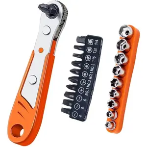 Right Angle Screwdriver Bit Set 1/4 Inch Drive Mini Ratchet Socket Wrench Set Pocket Handle 20 Piece 90 Degree Low Profile Offset Ratcheting Wrench Driver Small Spaces Tight Spots EDC Tool