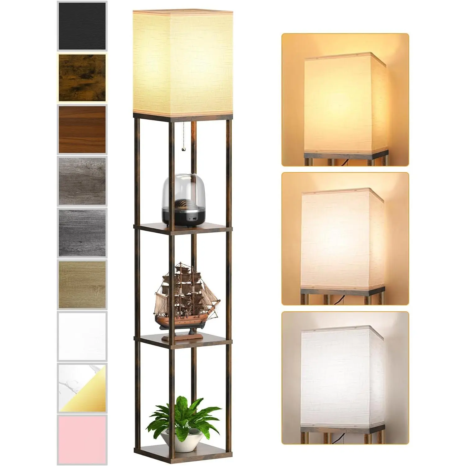 Brown Wood & Metal Dimmable Floor Standing Lamp with Shelves - 3 CCT LED Bulb, White Linen Shade, Corner Etagere Nightstand, Warm White Home Decor LED Decoration Lamp for Living Room, Gift Idea for Fathers, Dimmable Floor Lamp, Home Decor Light