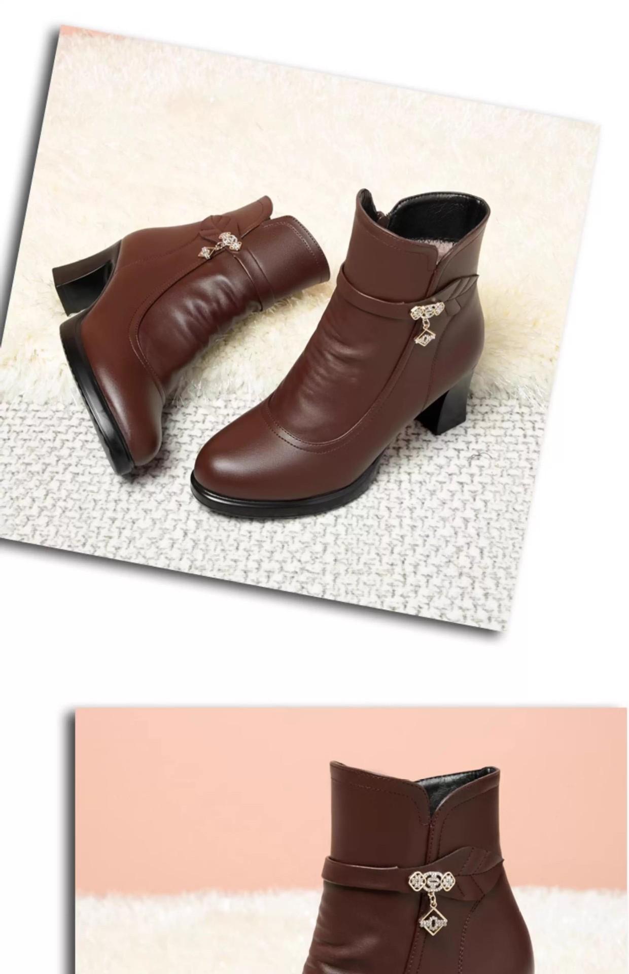 MOVRA1 Women'S -Encrusted Round-Toe Block Heel Ankle Boots with Zipper Closure & Plush Lining - Mid-Heel Winter Boots in Rich Brown, Faux Cover Upper & Rubber Sole, Elegant Casual to Semi-Formal Outfits Autumn/Winter, Comfortable & Durable Design