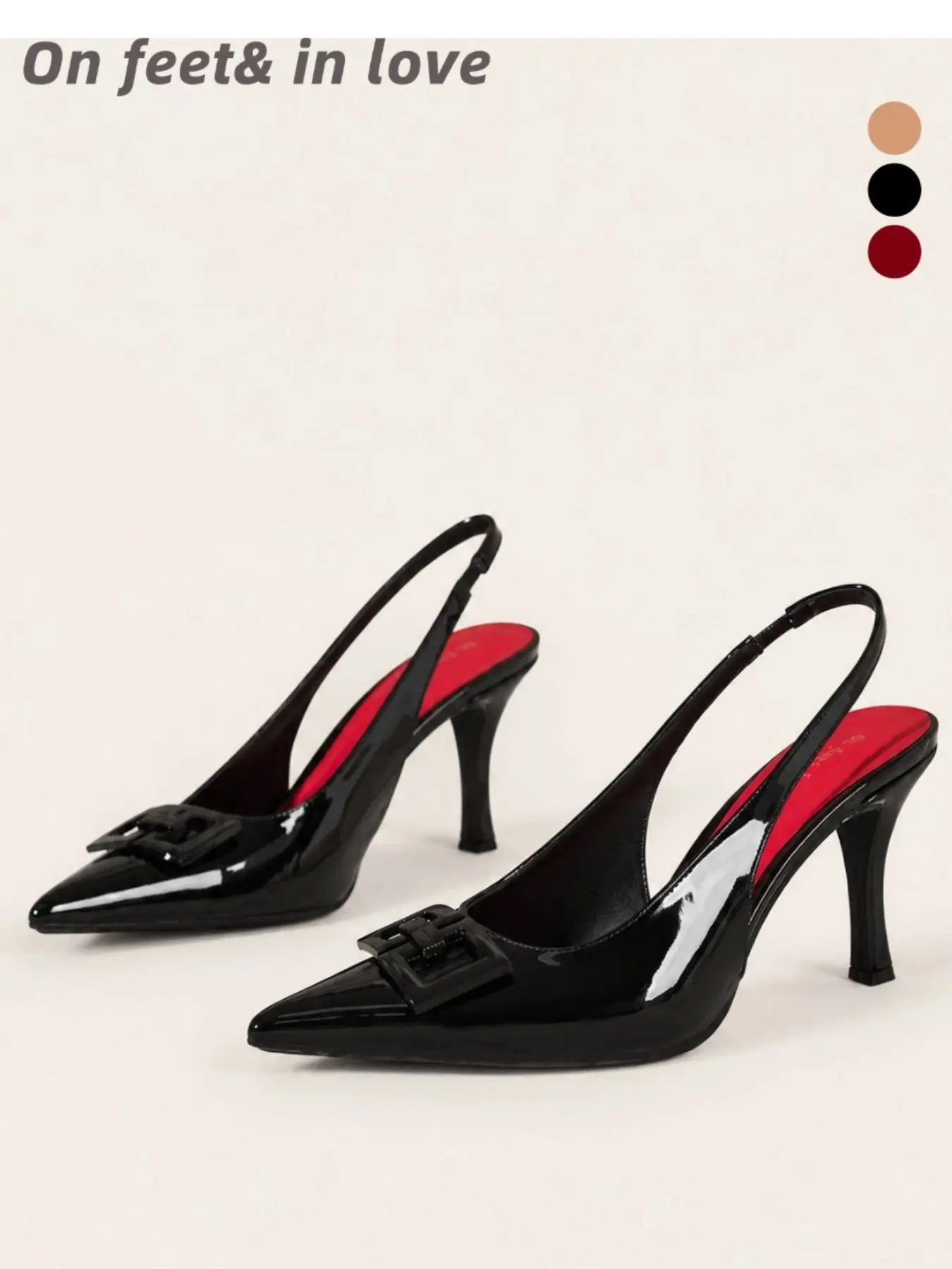 Women's All Sizes Multi-color Glossy Patent Leather Geometric Square Buckle Pointed Toe Elastic Slingback High Heel Pumps, Anti-slip Textured Outsole Soft Sole Elegant Chic Dress Footwear for Daily Office Commute Vacation Trip Wedding Guest Dating Cocktai