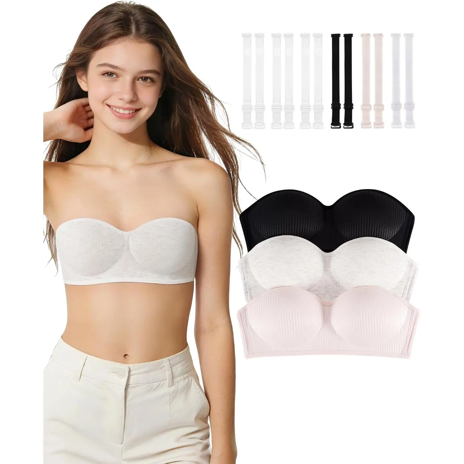 Girls Teens Strapless Bandeau Bra Wireless Tube Top Clear Straps Seamless Training Bra Sizes 10-12 12-14 14-16