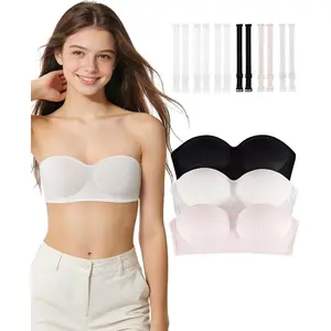 Girls Teens Strapless Bandeau Bra Wireless Tube Top Clear Straps Seamless Training Bra Sizes 10-12 12-14 14-16