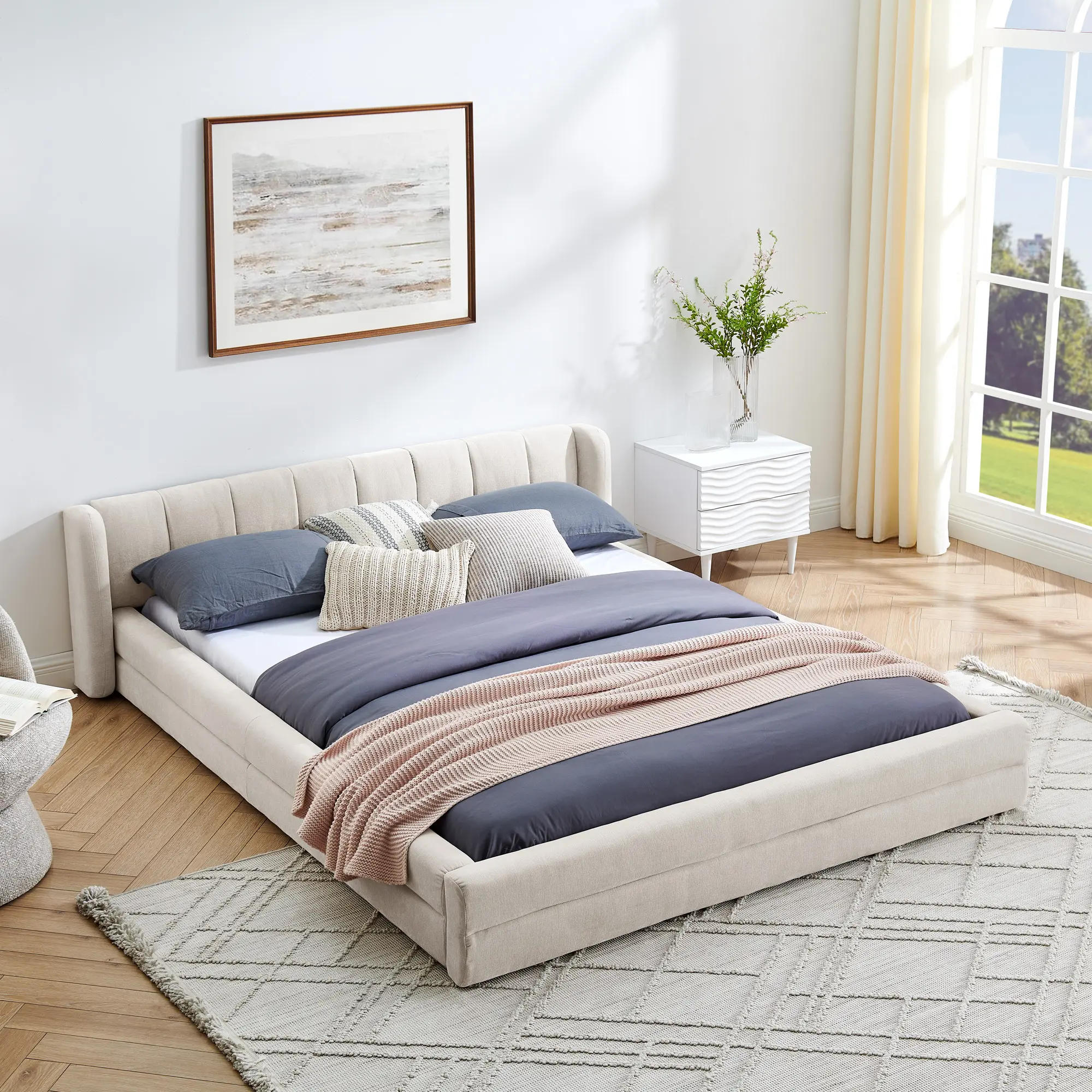 ARCH Queen Size Chenille Upholstered Platform Bed Frame with Headboard, Solid MDF-Particle Board Frame, 87x67x23.5 In, No Box Spring Needed, Easy Assembly, Modern Indoor Bedroom Furniture, Beige