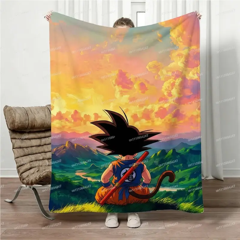Dragon Ball Z Flannel Throw Blanket Kid Goku Back View Sitting On Grass Power Pole Tail Vibrant Sunset Cloud Mountain Valley Scenery Anime Soft Fleece Blanket Sofa Bedroom Otaku Fan Decor Gift