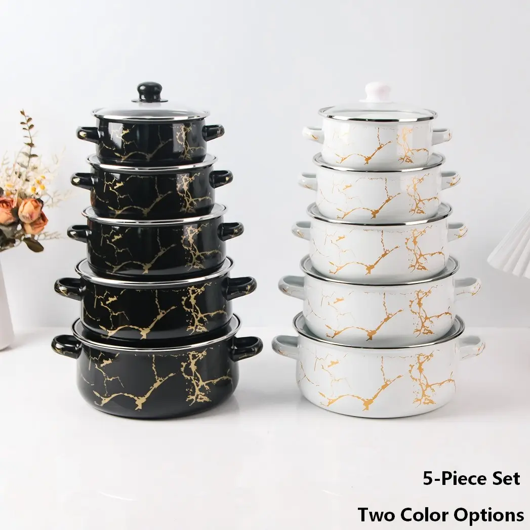 5pc Enamel Pot Set, Cooking Pot Sets, Thickened Dual-Handle Soup Pots, High-Temperature Cooking, Kitchenware for Electric Stove, Gas, Not Microwave Safe