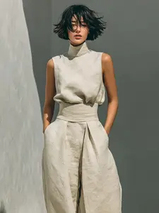 Classic High Neck Linen Athleisure, Sleeveless Top Matched with Wide Leg Trousers with Pockets, Elegant Quiet Luxury Style.