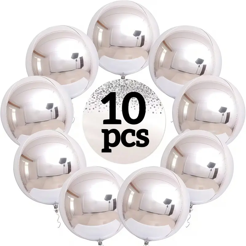 10-Pack Silver Color Foil Balloons, 10-Inch 4D Round Foil Balloons, Small Silver Metal Ball Balloons for Graduation, New Year, Christmas, Birthday Parties, Party Balloons