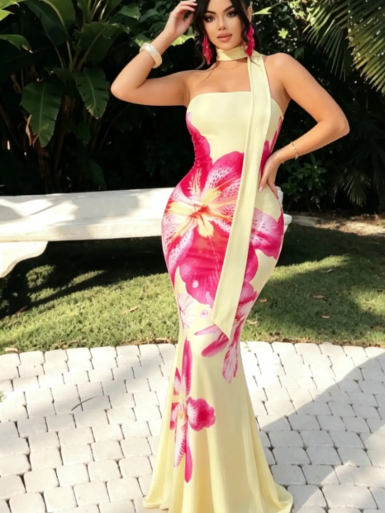 Light Floral Bustier Fish Tail Long Dress, Summer Slimming Bodycon A-Line Dress, Vacation Style Elegant Party Gown
