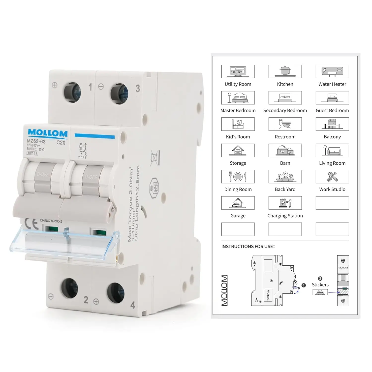 Single Unit 2P AC 110-240V 20A C20 Miniature Circuit Breaker, Thermal Magnetic Trip, 6KA Breaking Capacity, Scene Visualization Custom MCB for Solar AC System, Home Use