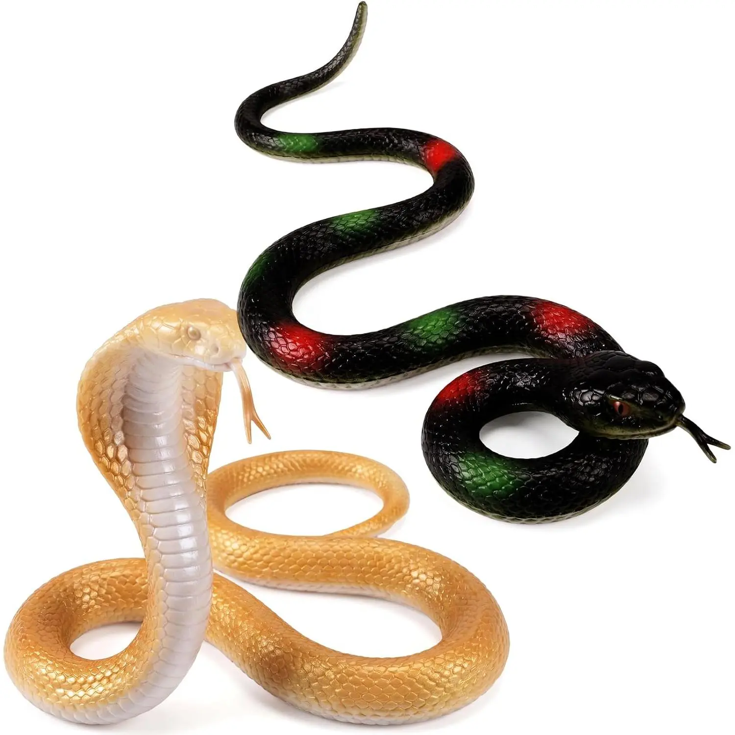 2 Pcs 47 Inches Rubber Realistic Snakes Large Fake Garden Snake to Keep Birds Away Scare Squirrels Lifelike Snakes Toys for Garden Prank Props(Gold Cobra + Black Snake)