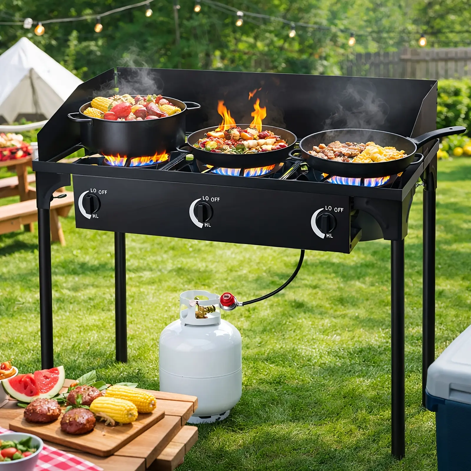 Cast Iron Outdoor Gas Stove, Portable Propane Cooktop with Blue Flame Control, Removable Legs, Temperature Control Knobs, Wind Panel, Hose, Regulator & Storage Carry Case