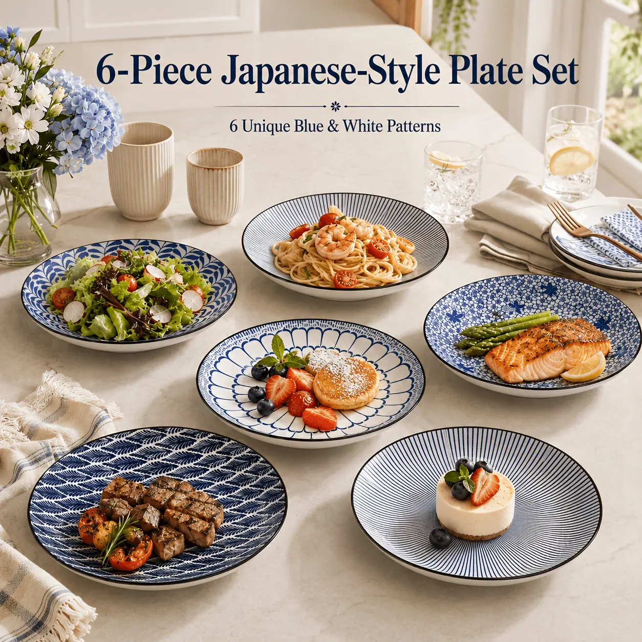 LDQ 6pcs Japanese Style Blue And White Ceramic Plates, 8 Inch Round Dinner Plates, Nordic Style Steak Plates, Salad Plates, Pasta Plates And Dessert Plates for Home Kitchen Dining